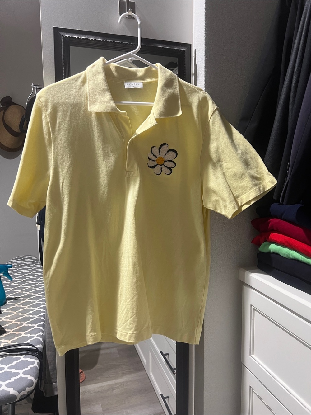 Sandro men’s Yellow Polo Shirt with Daisy Embroidery, XL, NWOT